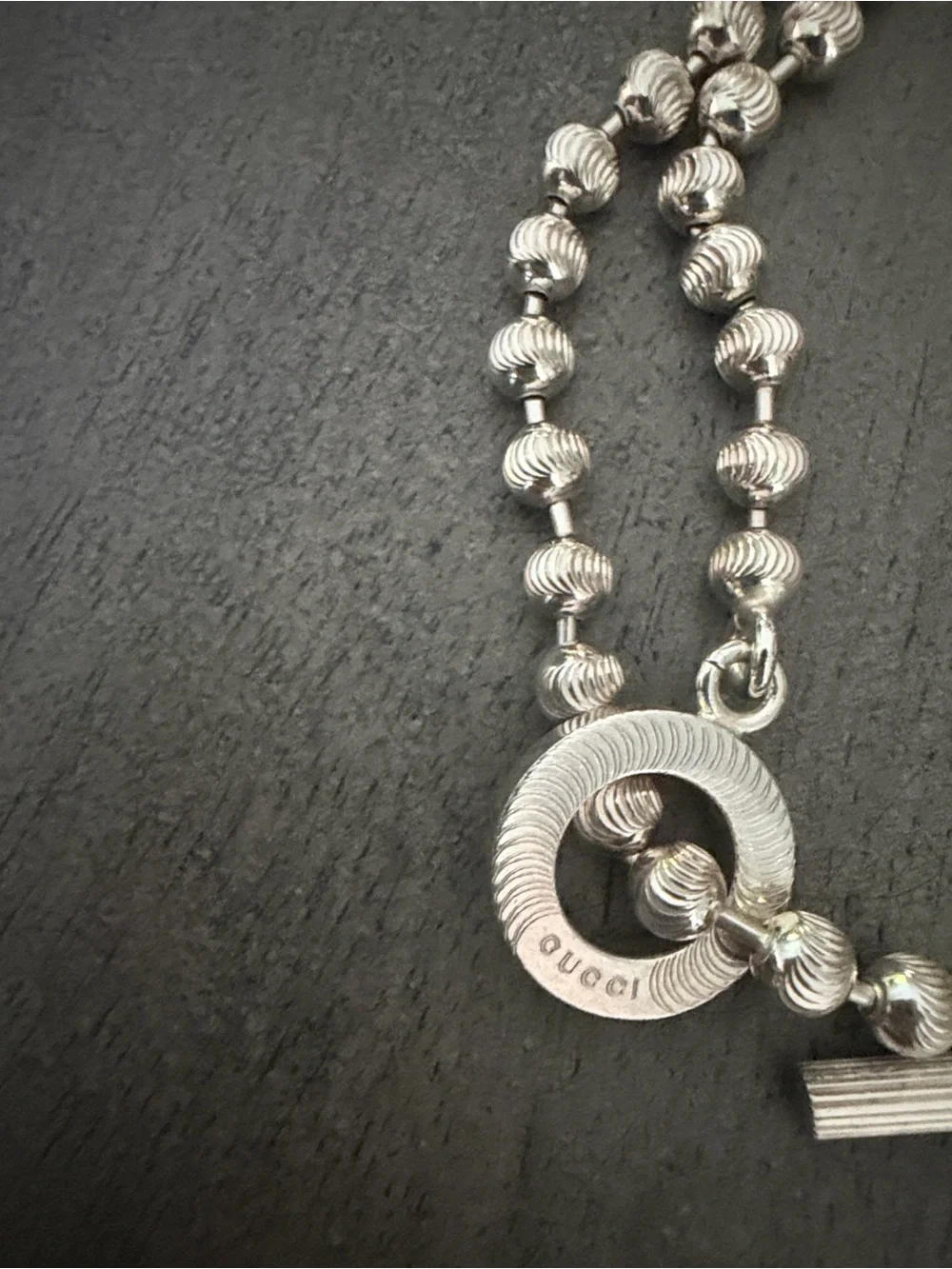 Gucci Silver Textured Bead Toggle Necklace